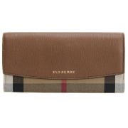 BURBERRY 巴宝莉 女款HOUSE棕褐色织物格纹皮革长款翻盖钱夹 39753291