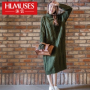 Hlmuses/沐赏  文艺韩版高领麻花超长款毛衣 78元包邮（138-60）