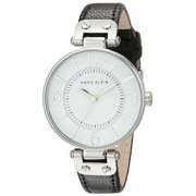 Anne Klein Womens 109169WTBK Silver-Tone and Black Leather Strap Watch