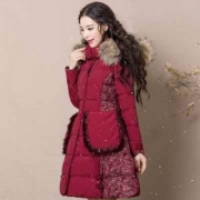 烟花烫 冬装气质收腰显瘦印花口羽绒服