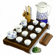 常生源 整套功夫茶具 青花陶瓷 柯木实木茶盘
