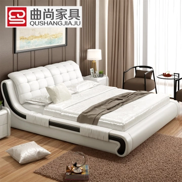 Qushang 曲尚 ZPC082 头层牛皮双人床 1.8*2m +山棕床垫+床头柜 2个