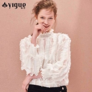 天猫商城：亦谷 YIGUE 2018春款 女士木耳边立领羽绒纱蕾丝衬衫