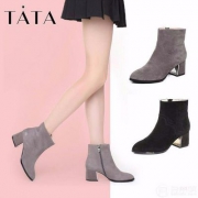 优购网：Tata 他她 女士羊皮绒面粗高跟短靴23C06DD7 2色