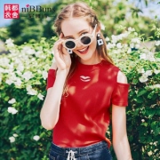 2018新款，韩都衣舍旗下 尼班诗 镂空修身露肩短袖T恤 2色