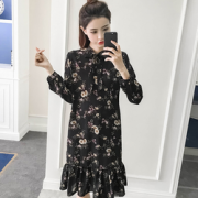 莲花蜜 女士印花V领喇叭袖连衣裙