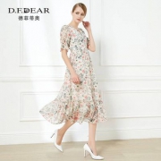 2018春季新款，D．F．DEAR 德菲蒂奥 女士V领印花雪纺连衣裙