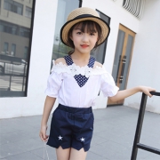 加菲天使 女童纯棉花边V领时尚两件套