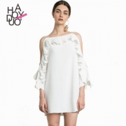 Haoduoyi 新款女式露肩花瓣袖连衣裙