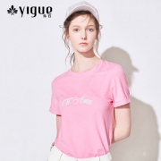 YIGUE 亦谷 女士圆领纯色字母刺绣T恤