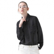 初语 女新款竖条纹复古长袖衬衫
