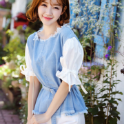 小清新！HSTYLE 韩都衣舍 收腰拼接毛边衬衫