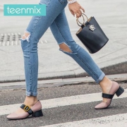 Teenmix 天美意 女士牛皮金属扣粗跟玛丽珍鞋 1181DCQ7 多色