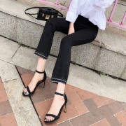 嫦姿 女式黑色微喇叭九分裤