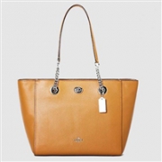 COACH蔻驰 Pebbled Turnlock Chain Tote 27女士真皮托特包 黄色款