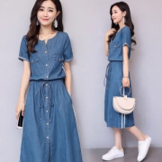 出吻 女式短袖薄款牛仔连衣裙