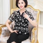 宽松舒适# 靓美莲 中年女士夏季时尚短袖T恤裤子2件套