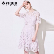 亦谷 YIGUE 2018春款 女士镂空花边蕾丝五分袖高腰连衣裙