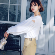 仙女范儿！HSTYLE 韩都衣舍 女士露背灯笼袖系带雪纺衬衫