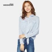 艾格Weekend时尚甜美系带条纹长袖衬衫女8A0214019
