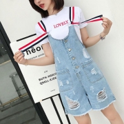 可调带长# 今彩印记 韩版破洞撞色减龄织带背带裤