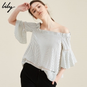 LILY  女装OL露肩一字领喇叭袖套头雪纺衫