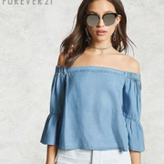0点！ Forever21 牛仔布一字肩喇叭七分袖衫女