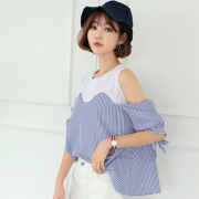 1日0点：韩都衣舍 女夏宽松拼接撞色条纹短袖衬衫