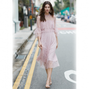 Vero Moda 新款层叠装饰喇叭七分袖蕾丝连衣裙