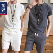 蓝奢 夏季薄款 男V领T恤衫+短裤套装 100%精梳棉