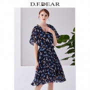 D．F．DEAR 德菲蒂奥 淑女气质v领宽松雪纺印花连衣裙 2018夏季新款