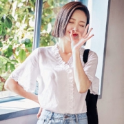 纯棉！韩都衣舍 纯色花边V领短袖衬衫