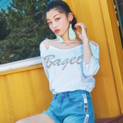 韩都衣舍 韩版女装字母宽松纱网薄款针织衫