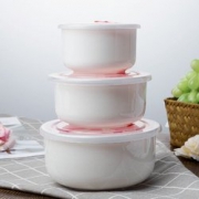 乐享陶瓷保鲜碗带盖保鲜盒骨瓷餐具3件套装
