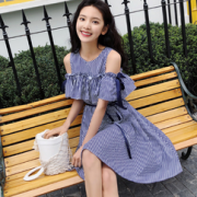 咭木咭木  女夏宽松条纹荷叶边连衣裙