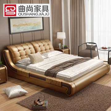 Qushang 曲尚 头层牛皮双人床 1.8*2m +山棕床垫+床头柜*2个