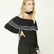 Forever21 条纹荷叶边一字肩长袖衫女