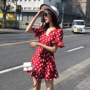 ins超火！Mgicola 红色波点法式少女短款连衣裙