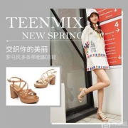 Teenmix 天美意 女士山羊皮罗马风粗高跟凉鞋6X903BL7 两色