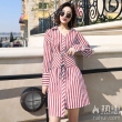女士V领不规则条纹衬衫裙