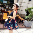 清新印花方领宽边吊带裙