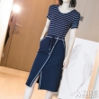 女上条纹开叉假两件连衣裙
