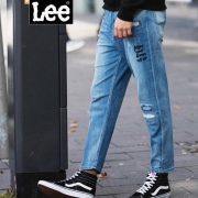 LEE 男士破洞刺绣牛仔九分裤