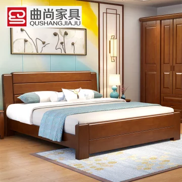 曲尚 1403 中式实木床 (1.8*2米胡桃色 床+山棕床垫)