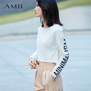 Amii极简chic短款长袖2018春装新款圆领落肩宽松印花T恤