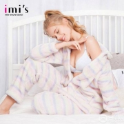 imis 爱美丽 女士条纹翻领珊瑚毛绒加厚家居服套装