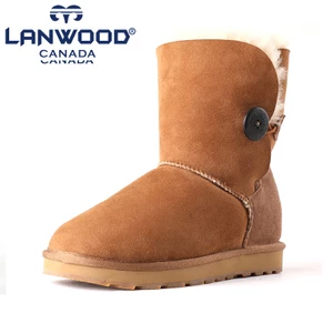 加拿大 Lanwood 冬季新款 澳洲美利奴羊皮毛一体 女中筒雪地靴 增高6cm