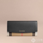国内官网￥3900，意大利产 Buberry 巴宝莉 House 格纹拼皮革长款钱夹39555061