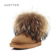 justter爵思塔 狐狸毛内增高短筒雪地靴