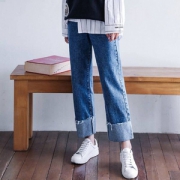 2019春装新款，韩都衣舍 女士直筒翻边阔腿牛仔裤NG7489 2色